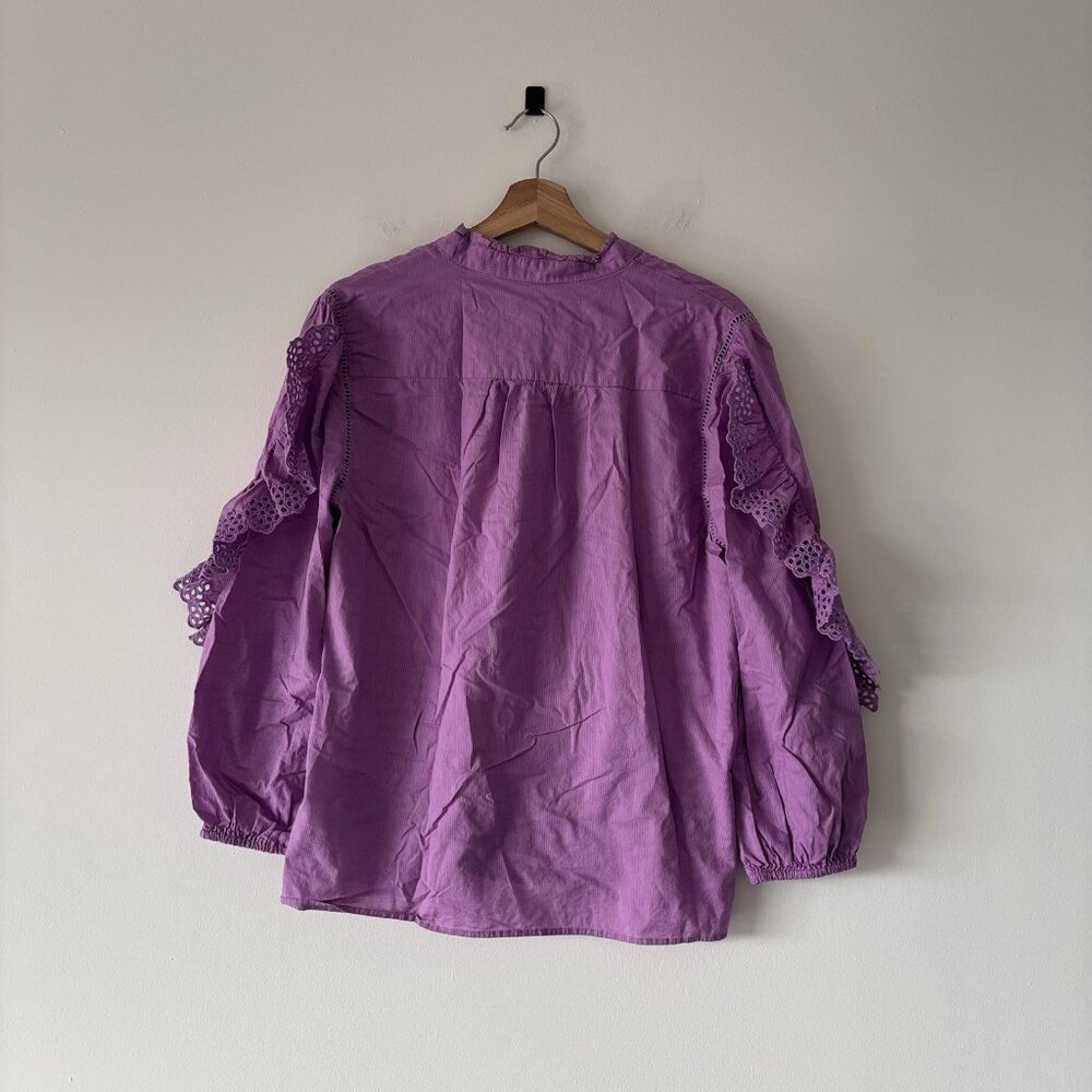 J. CREW Ruffle Sleeve Peasant Blouse Purple Eyelet Top Cottagecore Size L Preppy - Picture 11 of 14